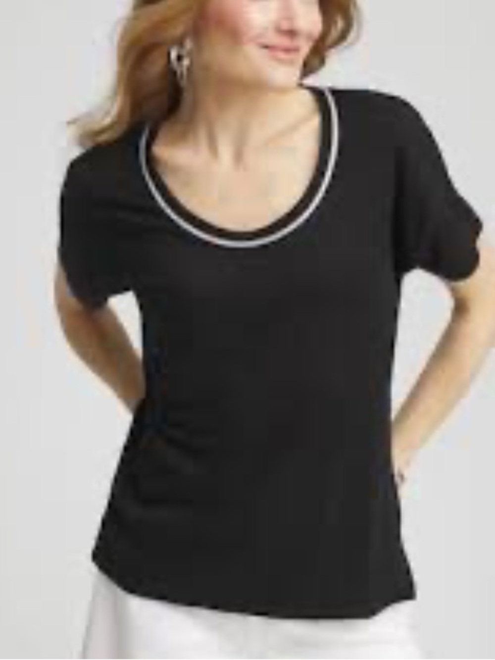 Chico's Sweater Trim Linen Tee Black & Silver Large